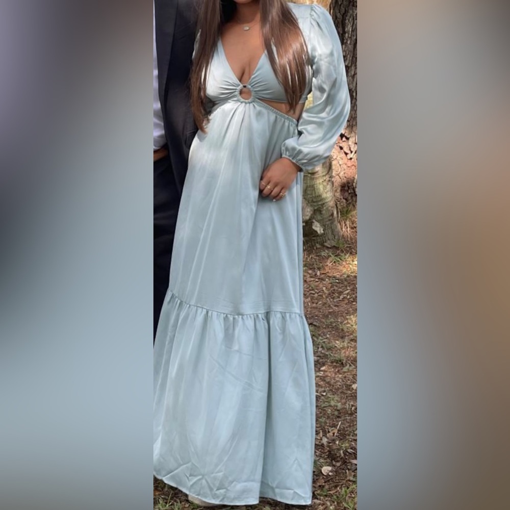 ALTARD STATE Long Sleeve Mint Green Satin Cut-out Maxi Dress